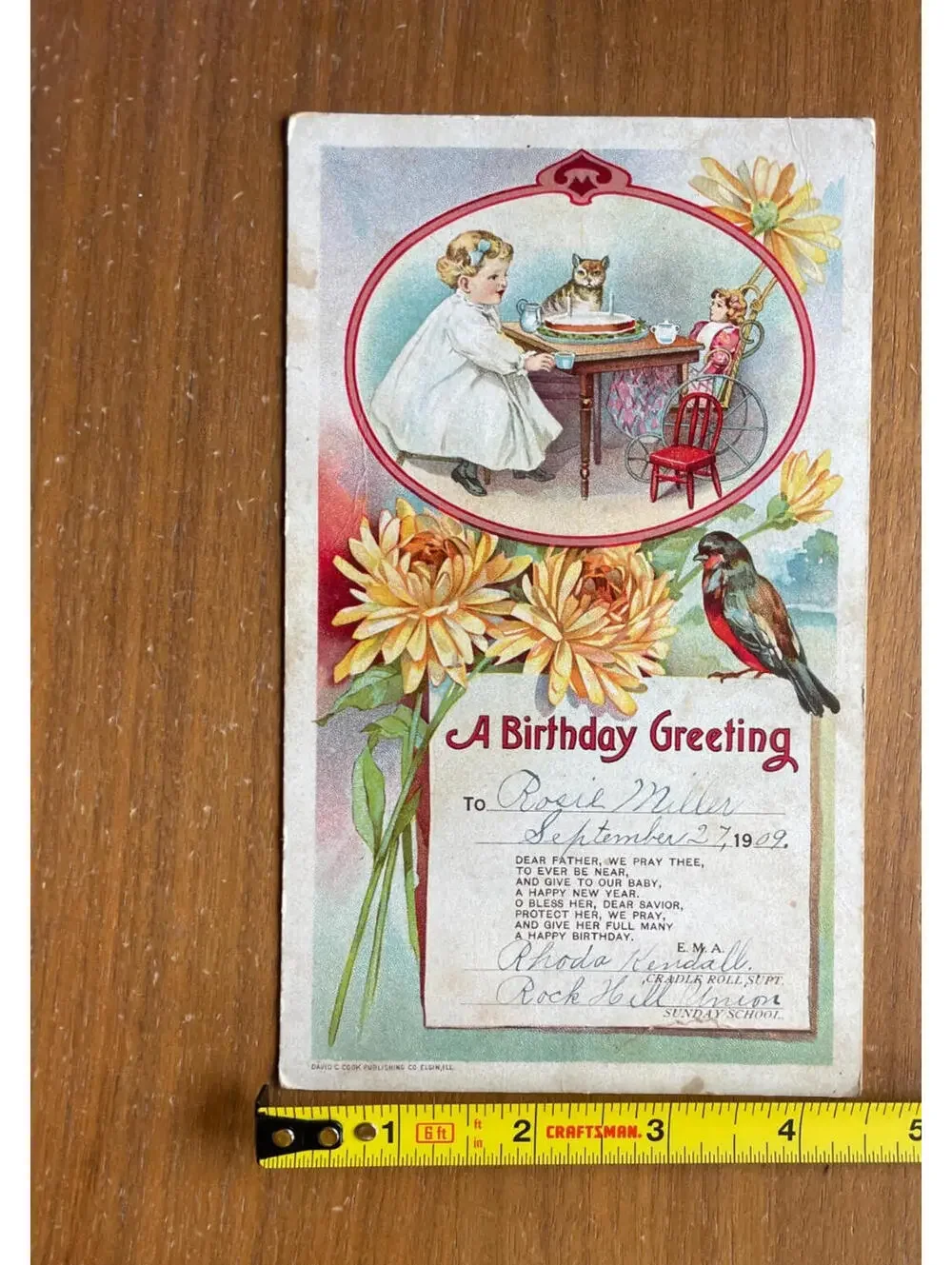 A Birthday Greeting Card Little Girl With Her Cat &Doll Tea Party Vintage 1909